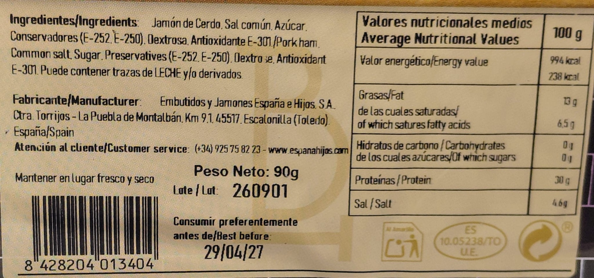 Jamón Loncheado de Castilla Añejo Reserva 90 g LA BARRICA