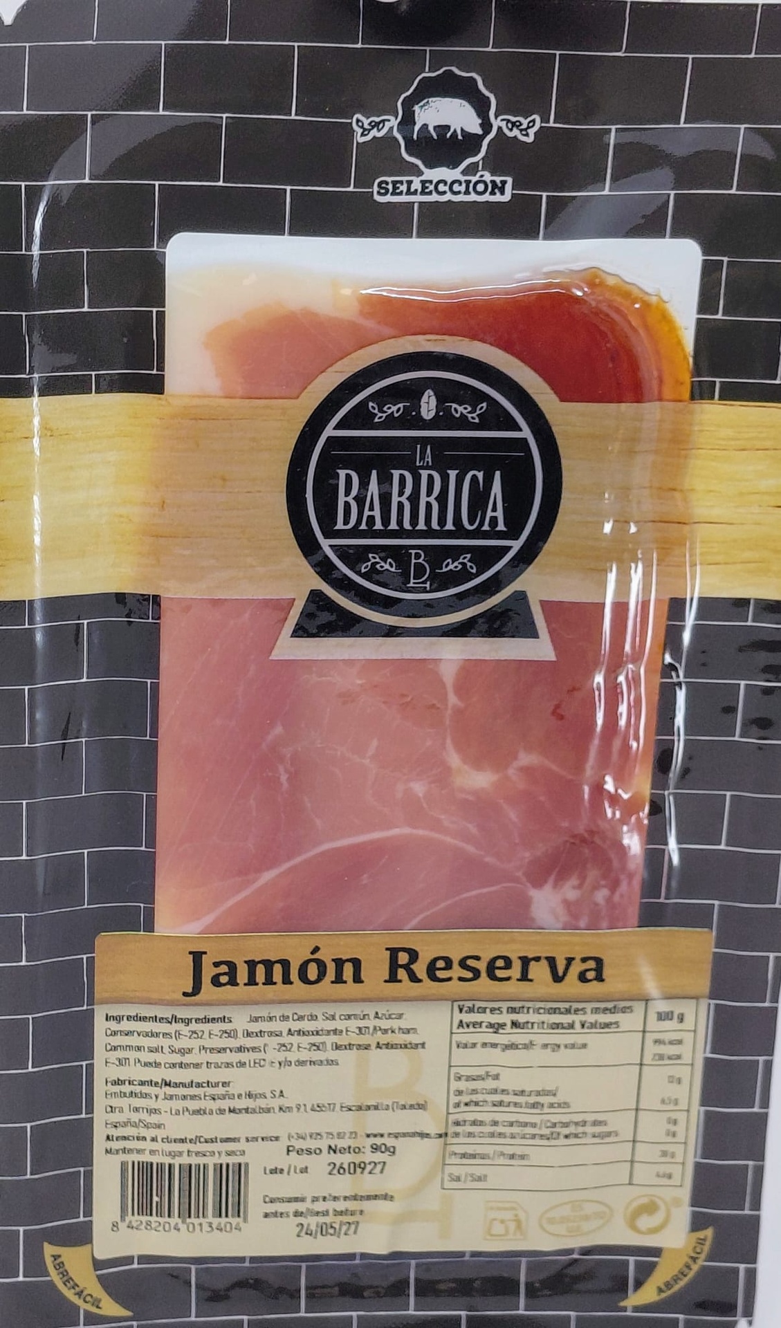 Jamón Loncheado de Castilla Añejo Reserva 90 g LA BARRICA Formato Estrecho