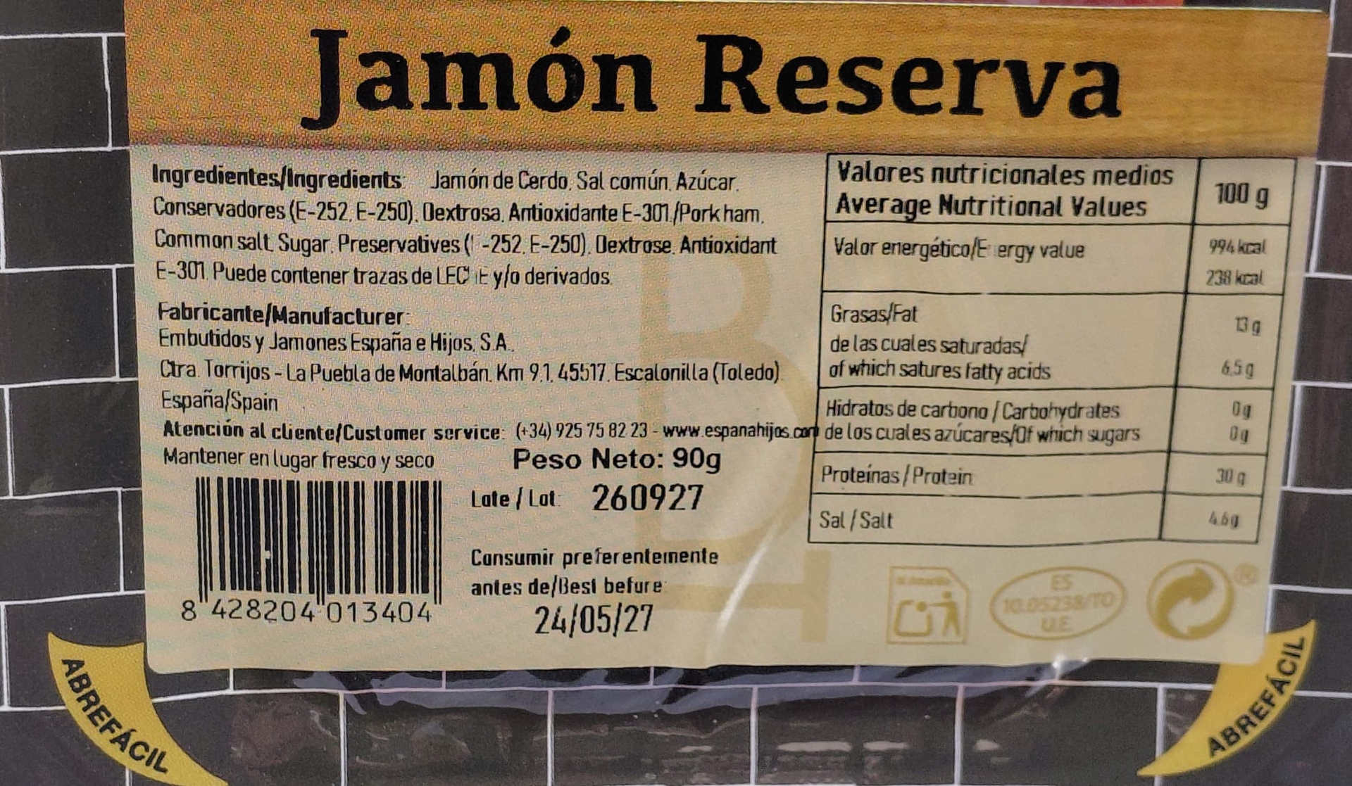 Jamón Loncheado de Castilla Añejo Reserva 90 g LA BARRICA Formato Estrecho