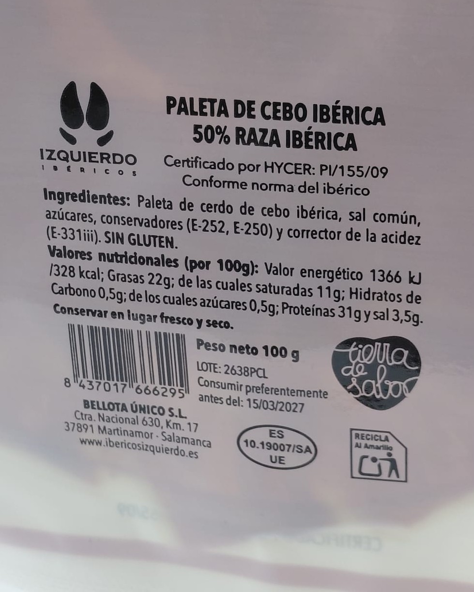 Plato Paleta 50 % Ibérica de Cebo 100 g IBÉRICOS IZQUIERDO (Salamanca)