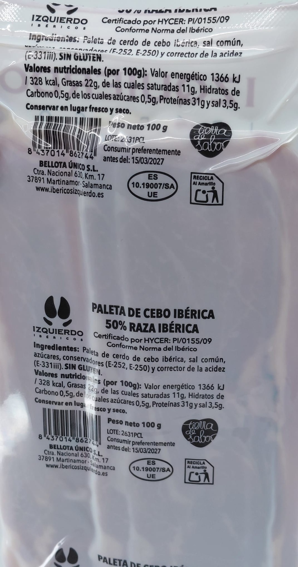 Paleta Loncheada 50 % Ibérica de Cebo 100 g IBÉRICOS IZQUIERDO (Salamanca)