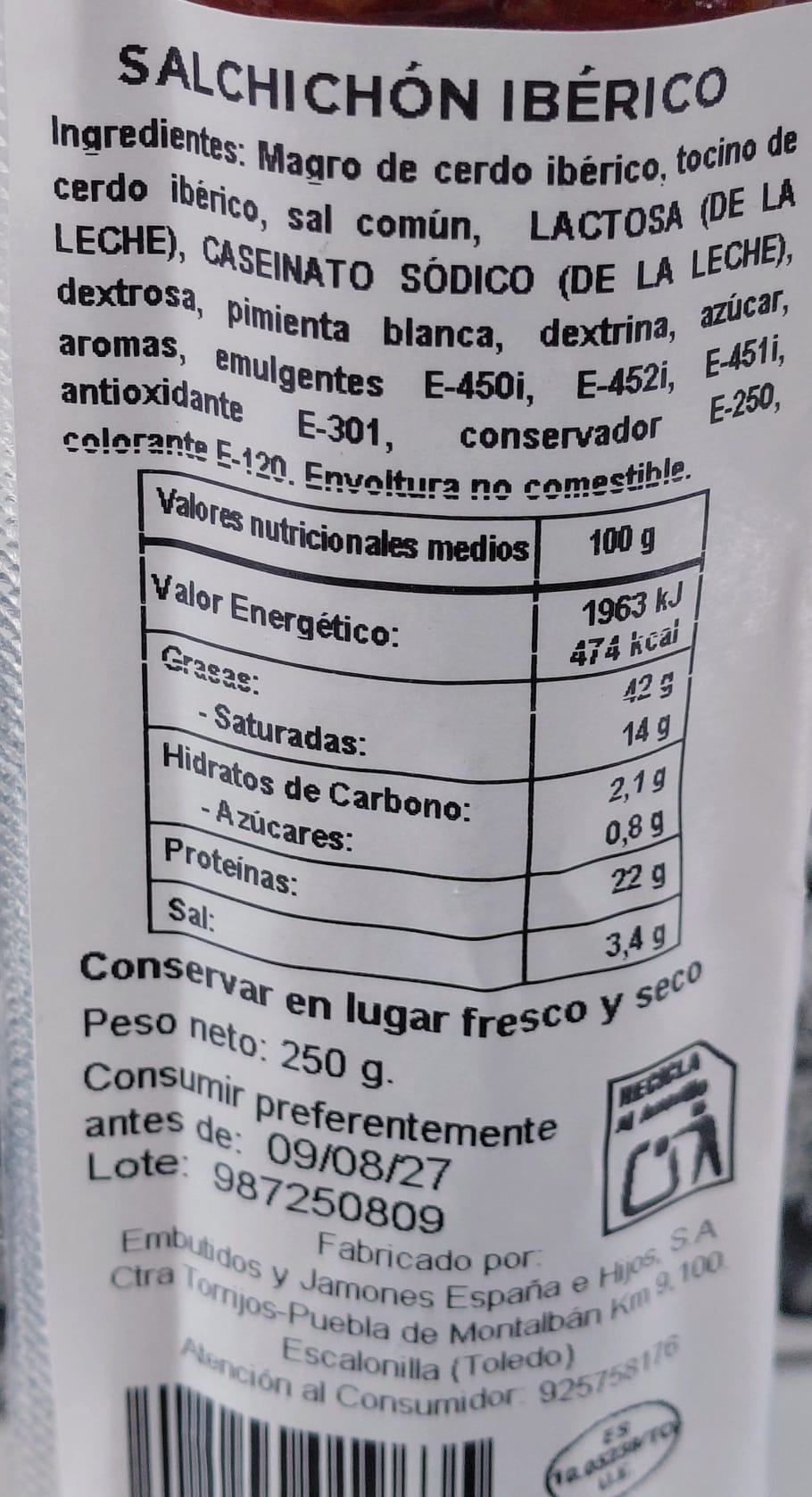 Salchichón Ibérico 250 g aprox. SECRETO TERRA