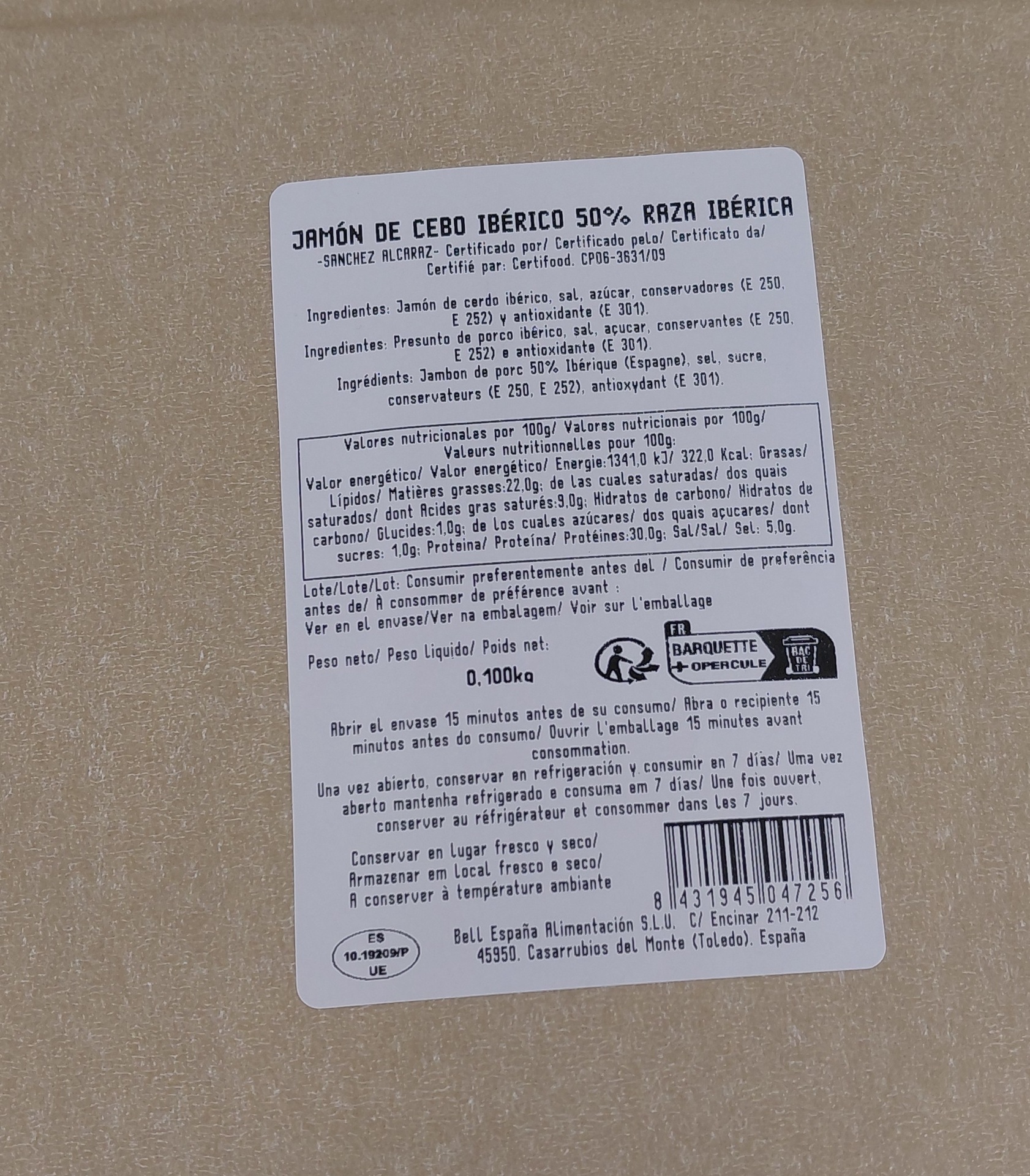 Jamón Loncheado 50 % Ibérico de Cebo 100 g SÁNCHEZ ALCARAZ