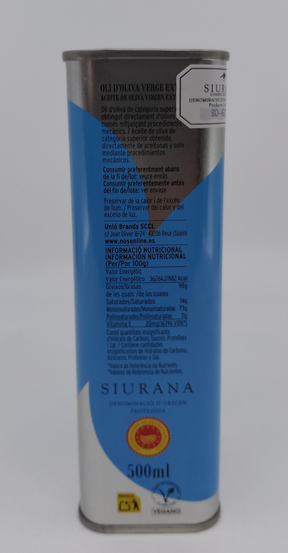 Lata 500 ml Aceite de Oliva Virgen Extra Arbequina NOS (DOP Siurana)