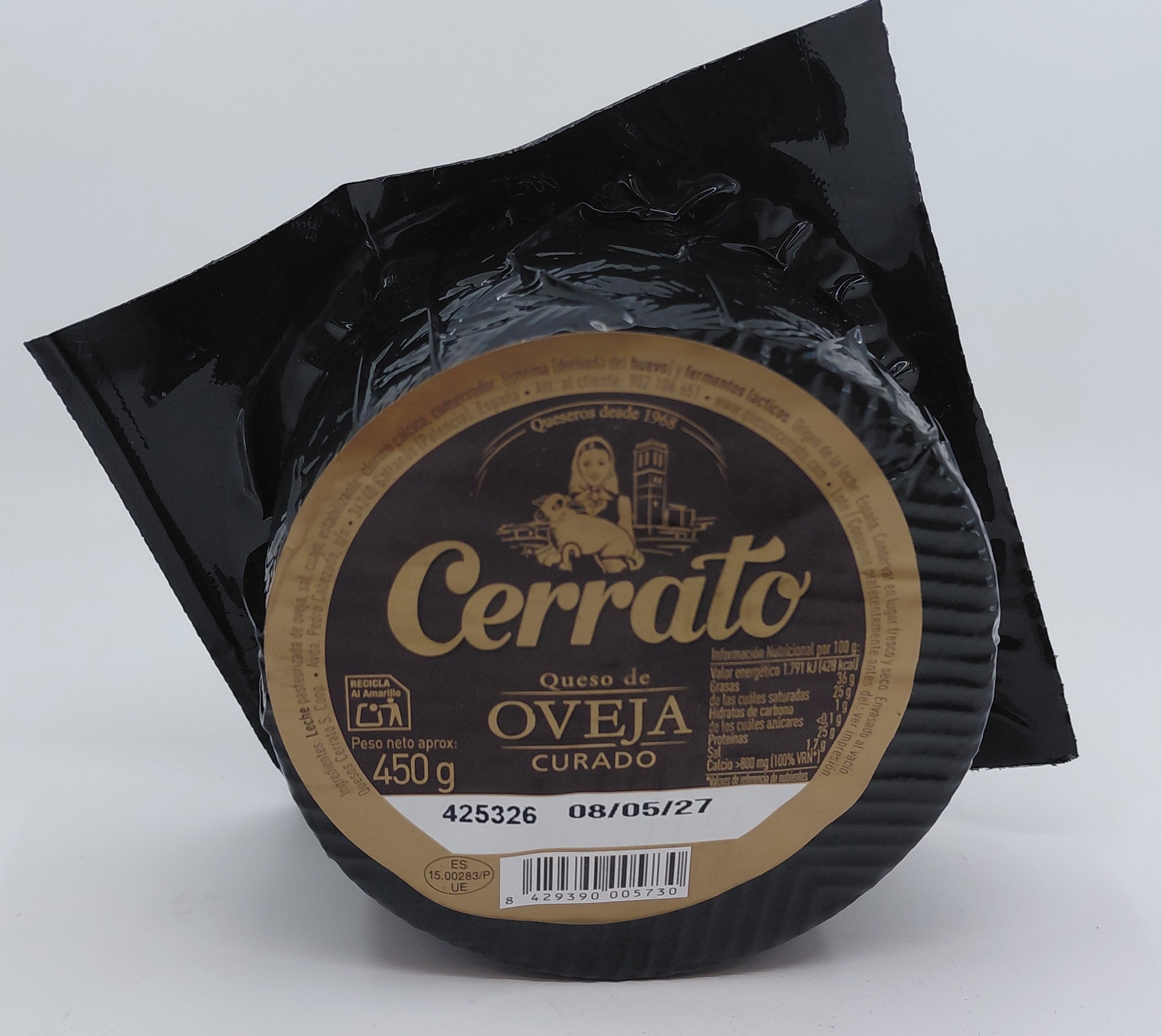 Pieza Entera Queso Curado 100 % Oveja 450 g aprox. CERRATO