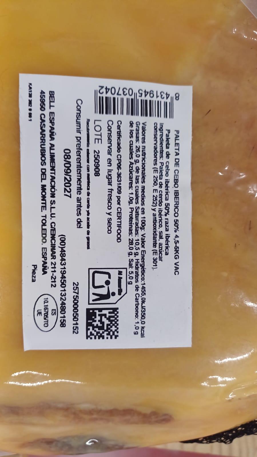 Paleta 4.5 - 5.0 kg aprox. 50 % Ibérica de Cebo SÁNCHEZ ALCARAZ