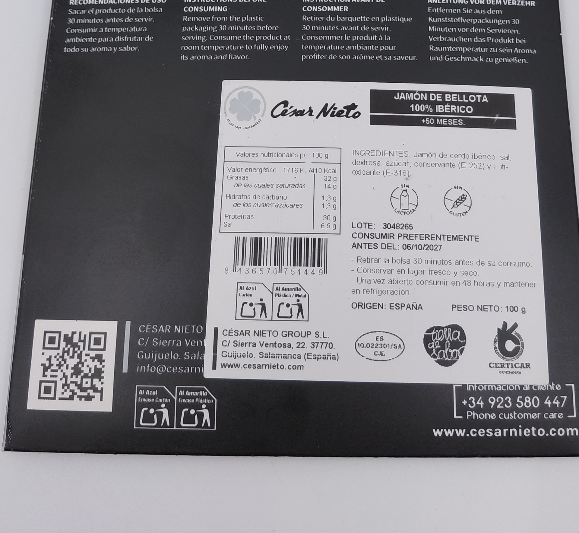 Jamón Loncheado 100% Ibérico de Bellota 100 g CÉSAR NIETO Estuchado (Guijuelo)