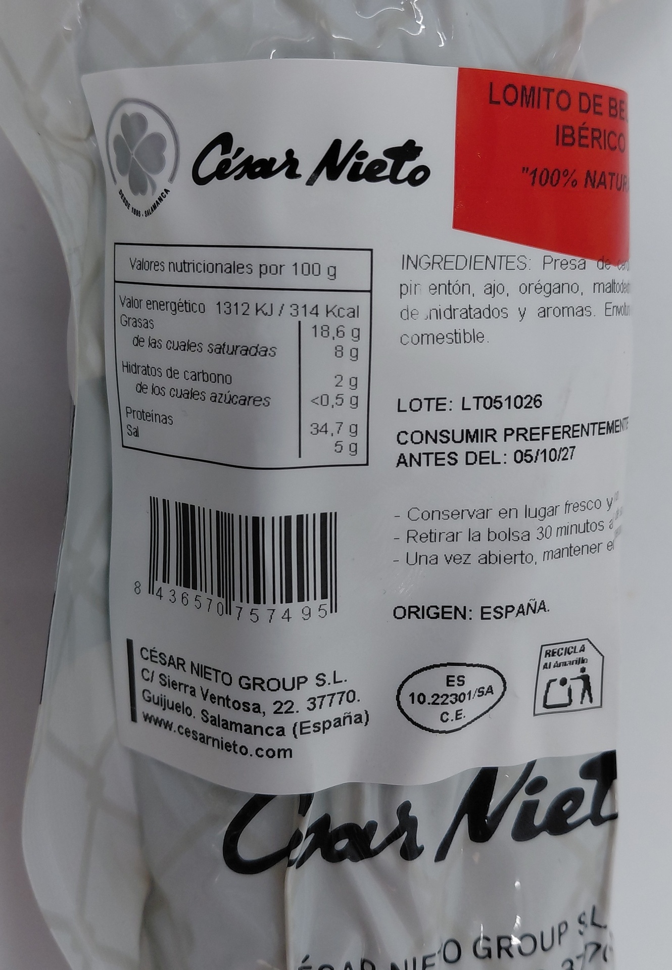 Lomito de Presa Ibérico de Bellota Natural 350-450 g aprox. CÉSAR NIETO (Guijuelo)