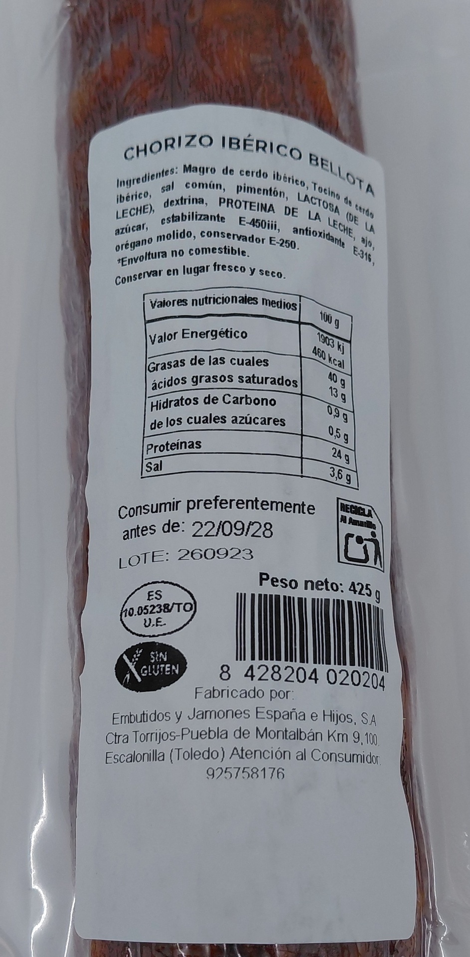 Chorizo Ibérico de Bellota 450 g aprox. SECRETO TERRA