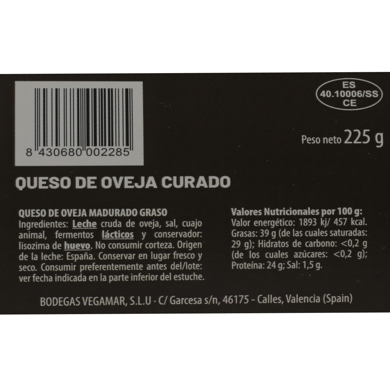 Cuña Queso Curado 100% Oveja 225 g aprox. VEGAMAR Estuchado