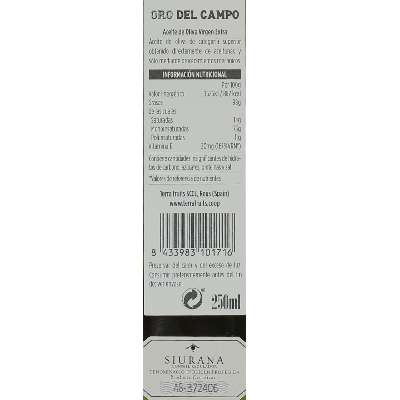 Aceite de Oliva Virgen Extra Arbequina 250 ml ORO DEL CAMPO D.O.P. Siurana