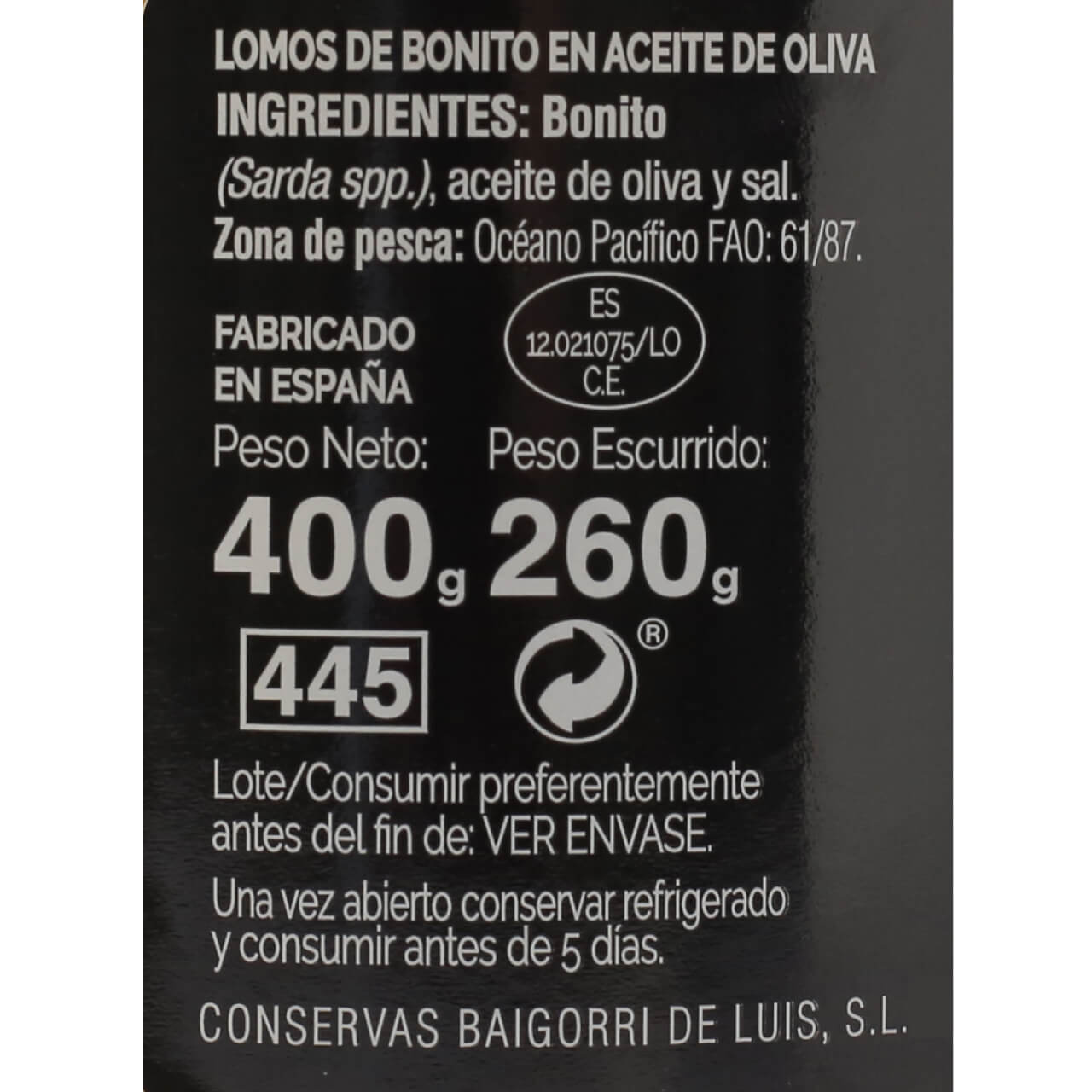 Tarro Lomos de Bonito en Aceite de Oliva 400 g Neto PINCHA SELECCIÓN de Conservas Baigorri