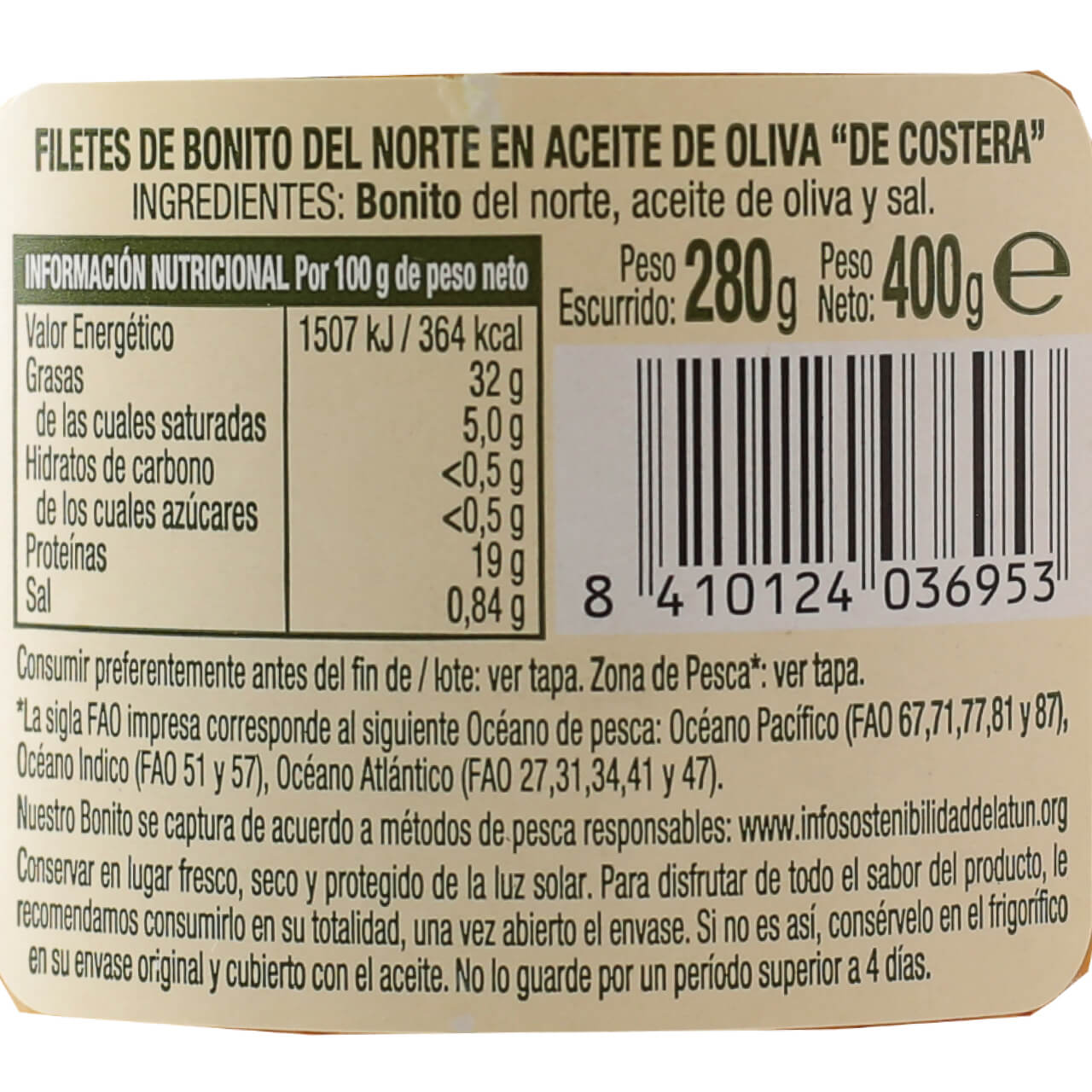 Tarro Lomos de Bonito del Norte de Costera en Aceite de Oliva 400 g Neto ESCURIS