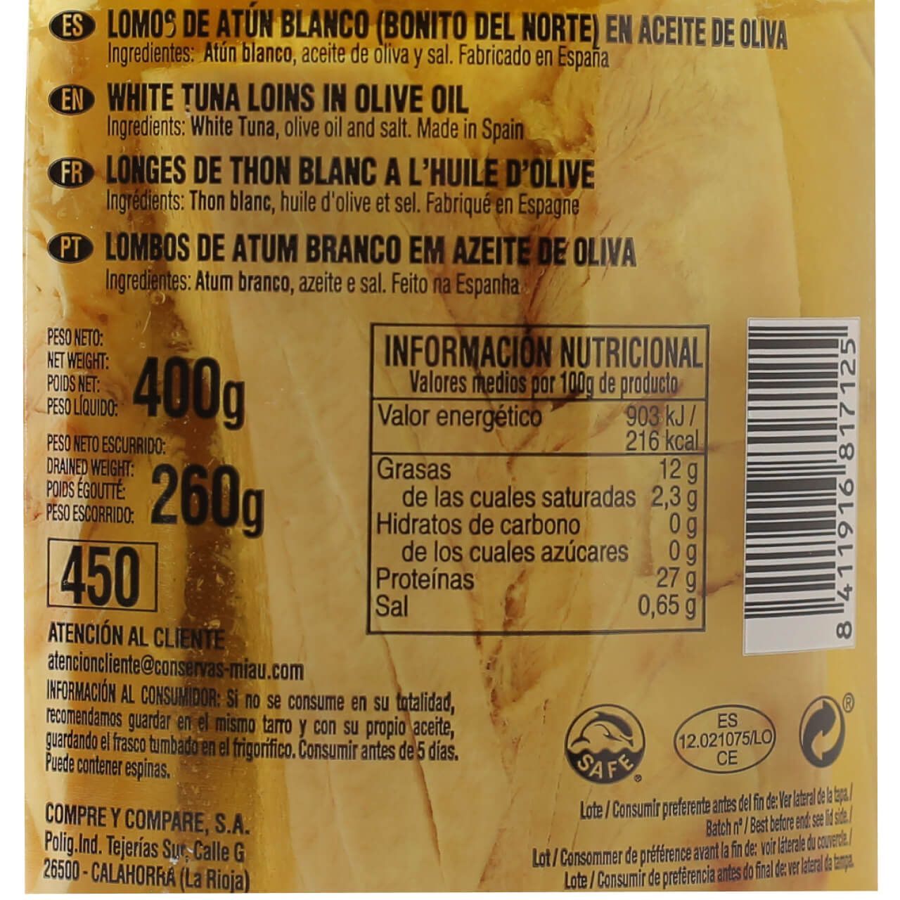 Tarro Lomos de Bonito del Norte en Aceite de Oliva 400 g Neto MIAU