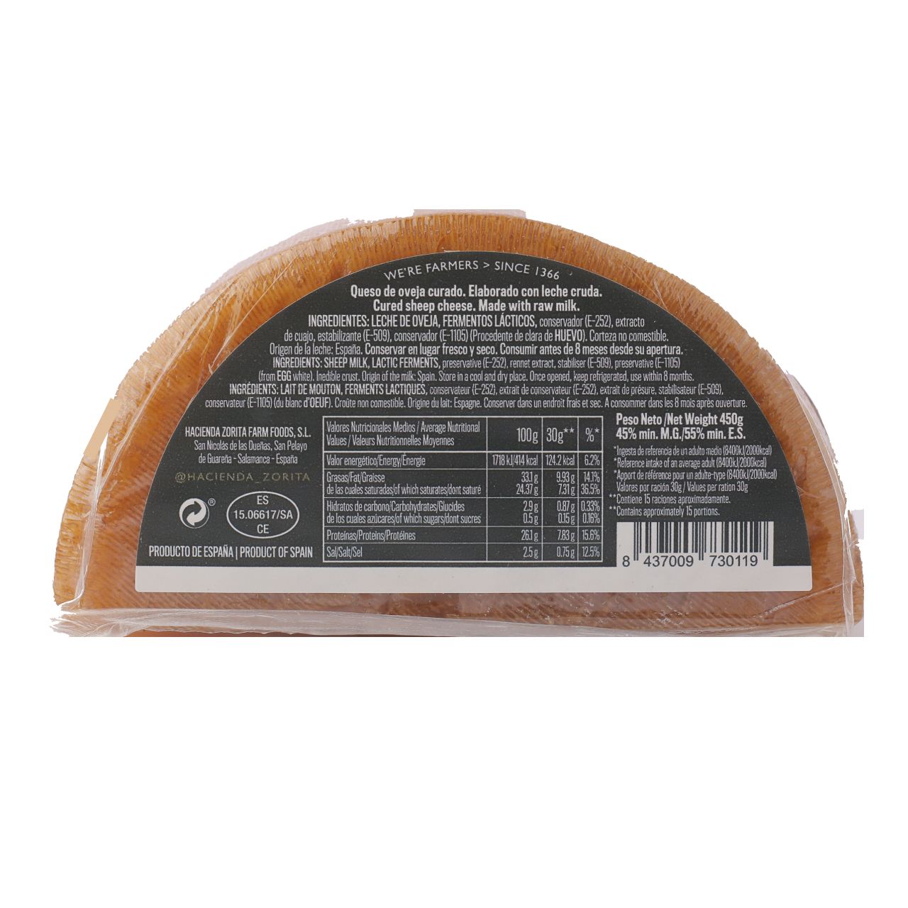 Queso 100% Oveja Leche Cruda Reserva 450 g aprox. HACIENDA ZORITA