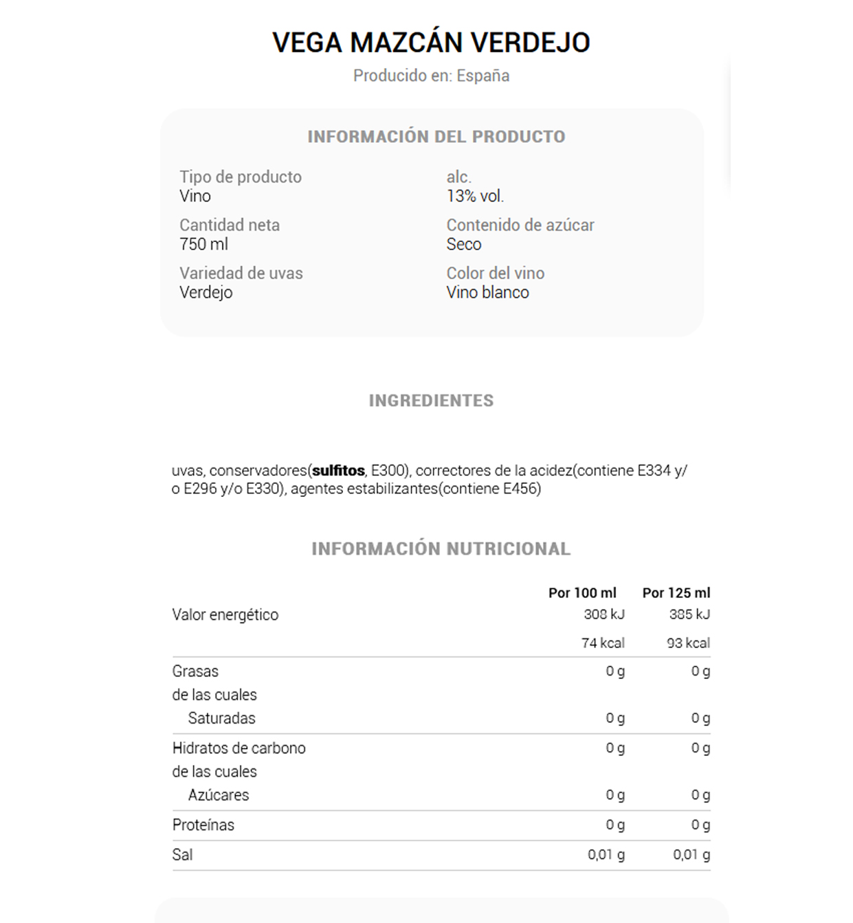 Vino Blanco D.O. Rueda Verdejo 100 % VEGA MAZCÁN