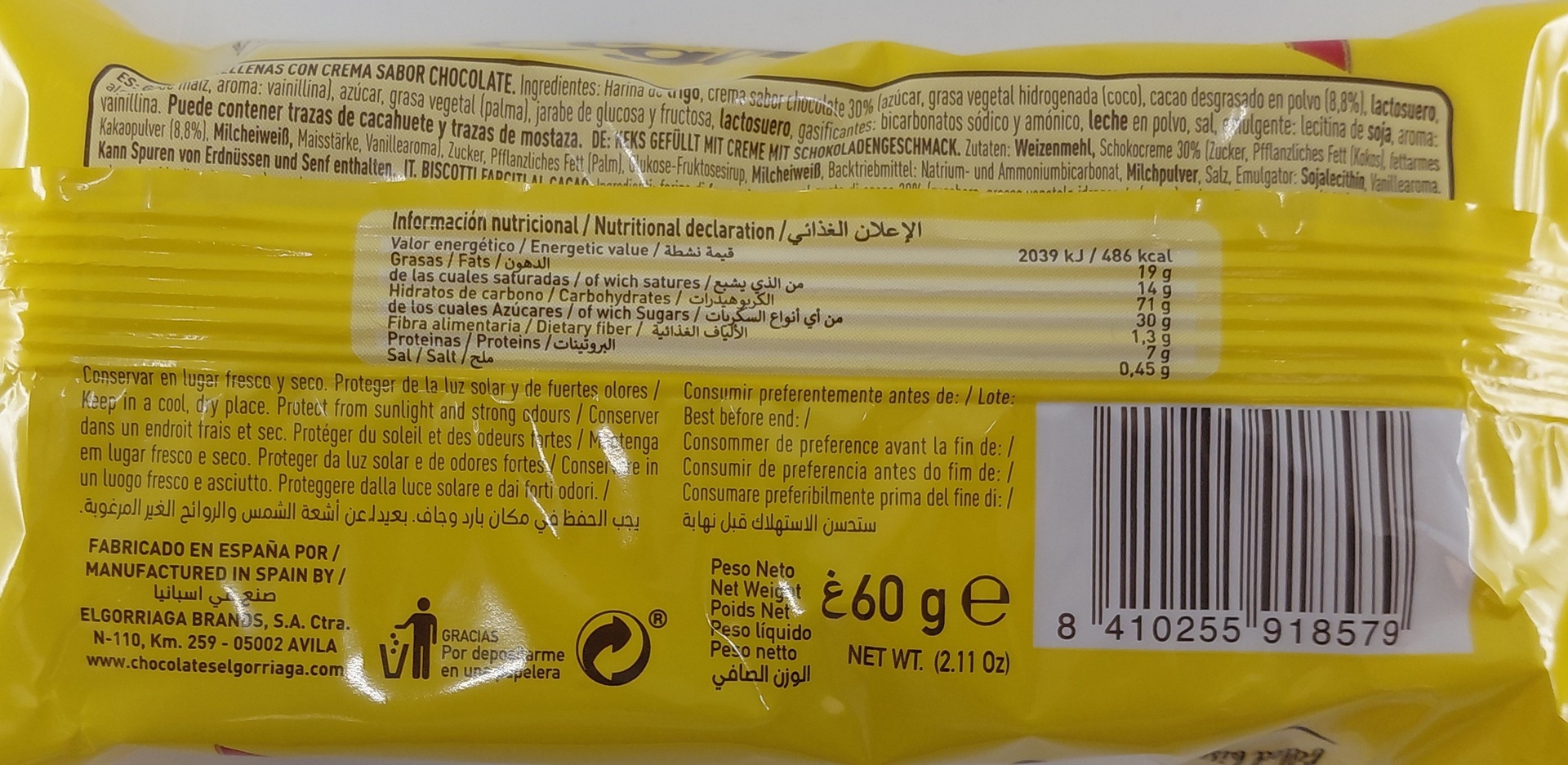 Galletas Rellenas de Chocolate 60 g ELGORRIAGA