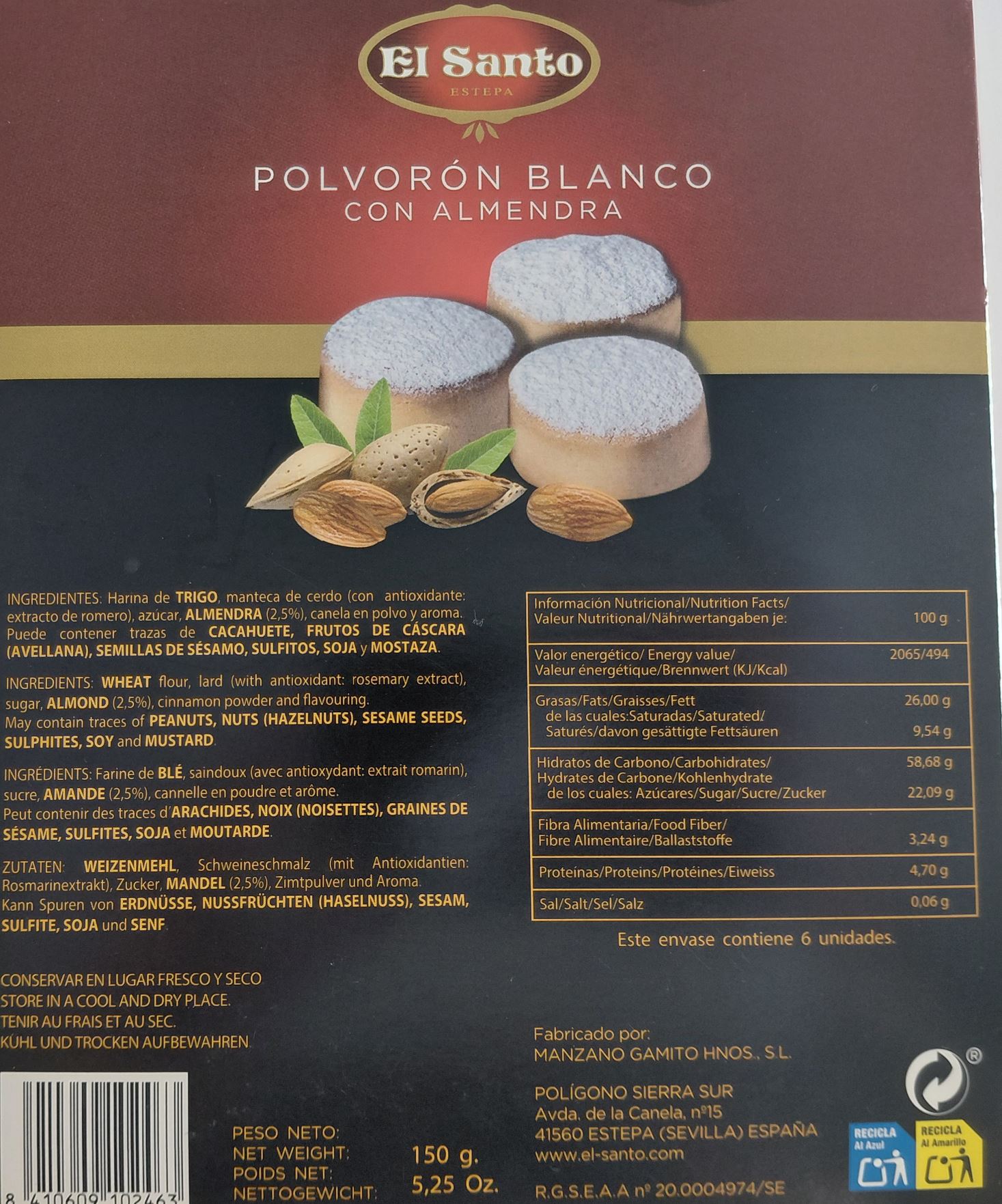 Polvorón Blanco con Almendra 150 g EL SANTO de ESTEPA