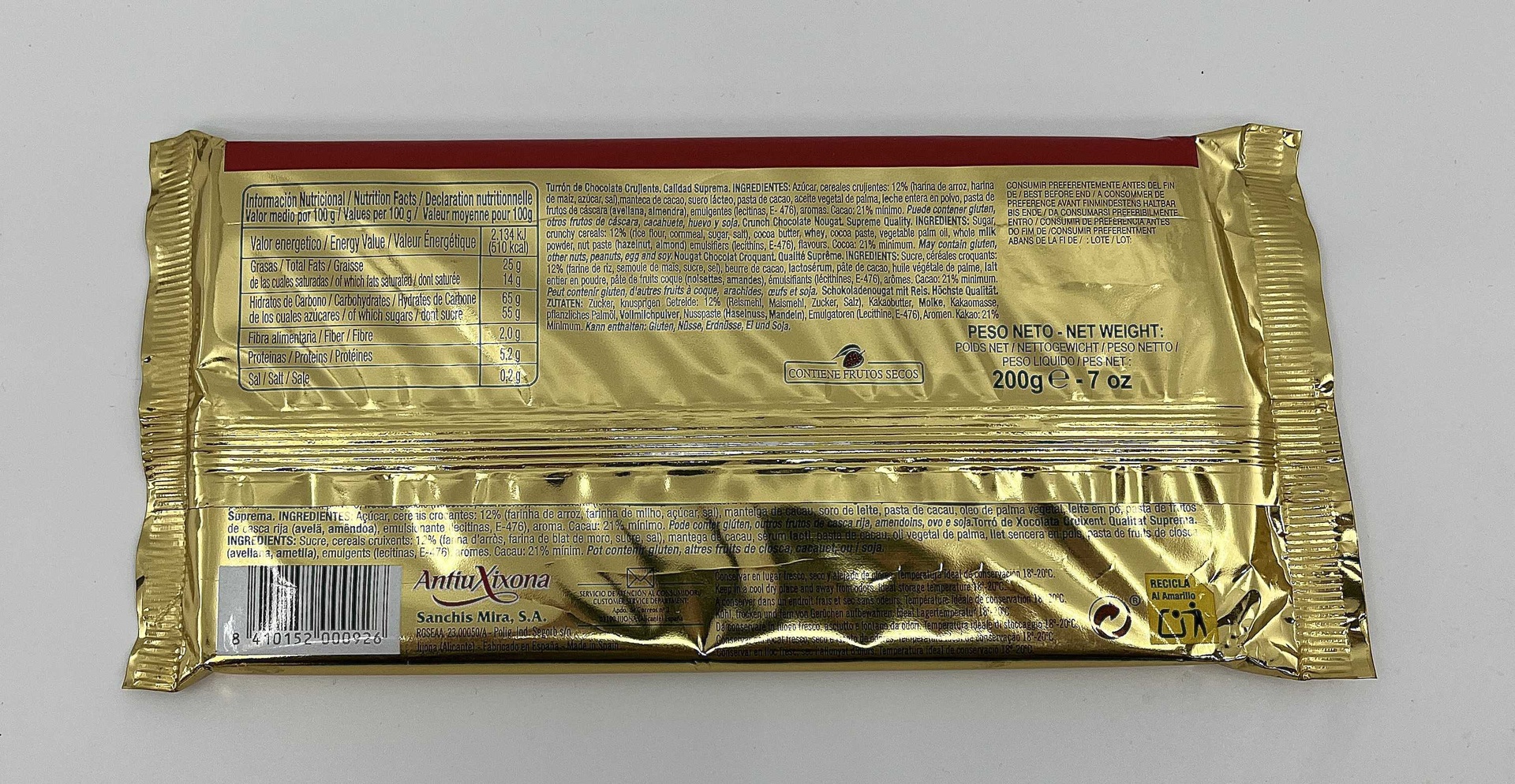 Turrón Chocolate Crujiente Calidad Suprema 200 g ANTIU XIXONA