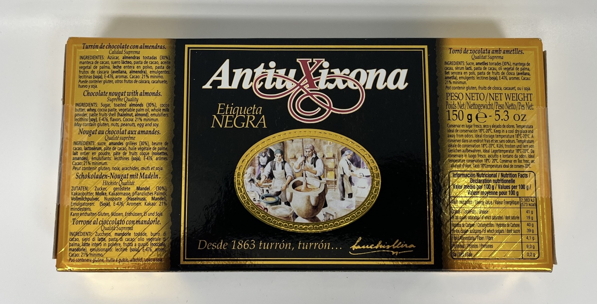 Turrón Chocolate con Almendras Etiqueta Negra 150 g ANTIU XIXONA