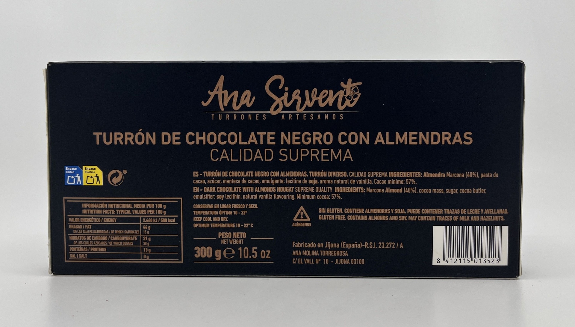 Turrón Chocolate Negro Almendras 300 g ANA SIRVENT