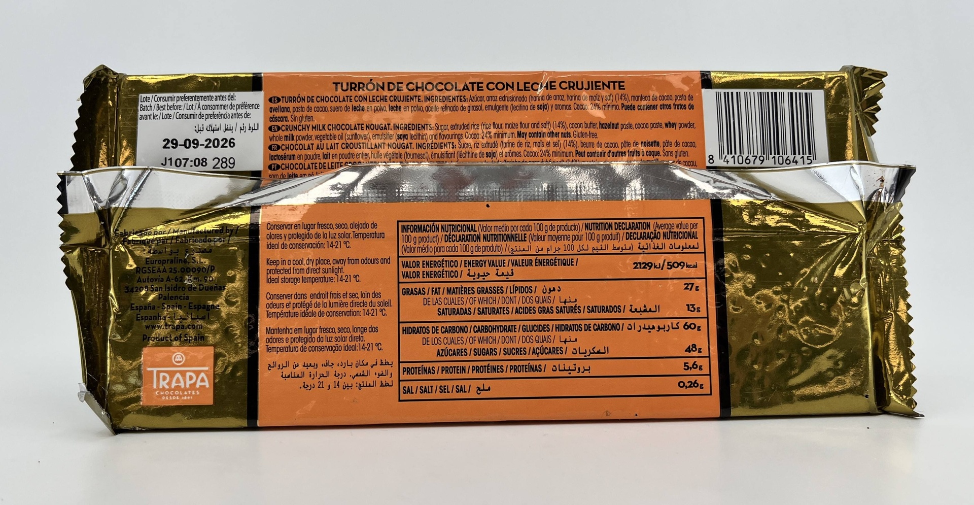 Turrón Chocolate con Leche Crujiente 140 g TRAPA