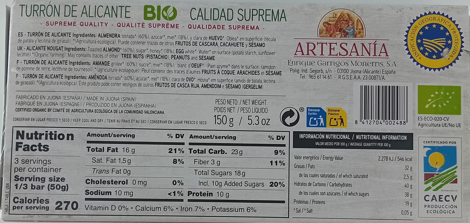Turrón Alicante BIO Calidad Suprema 150 g ARTESANÍA de E. Garrigós