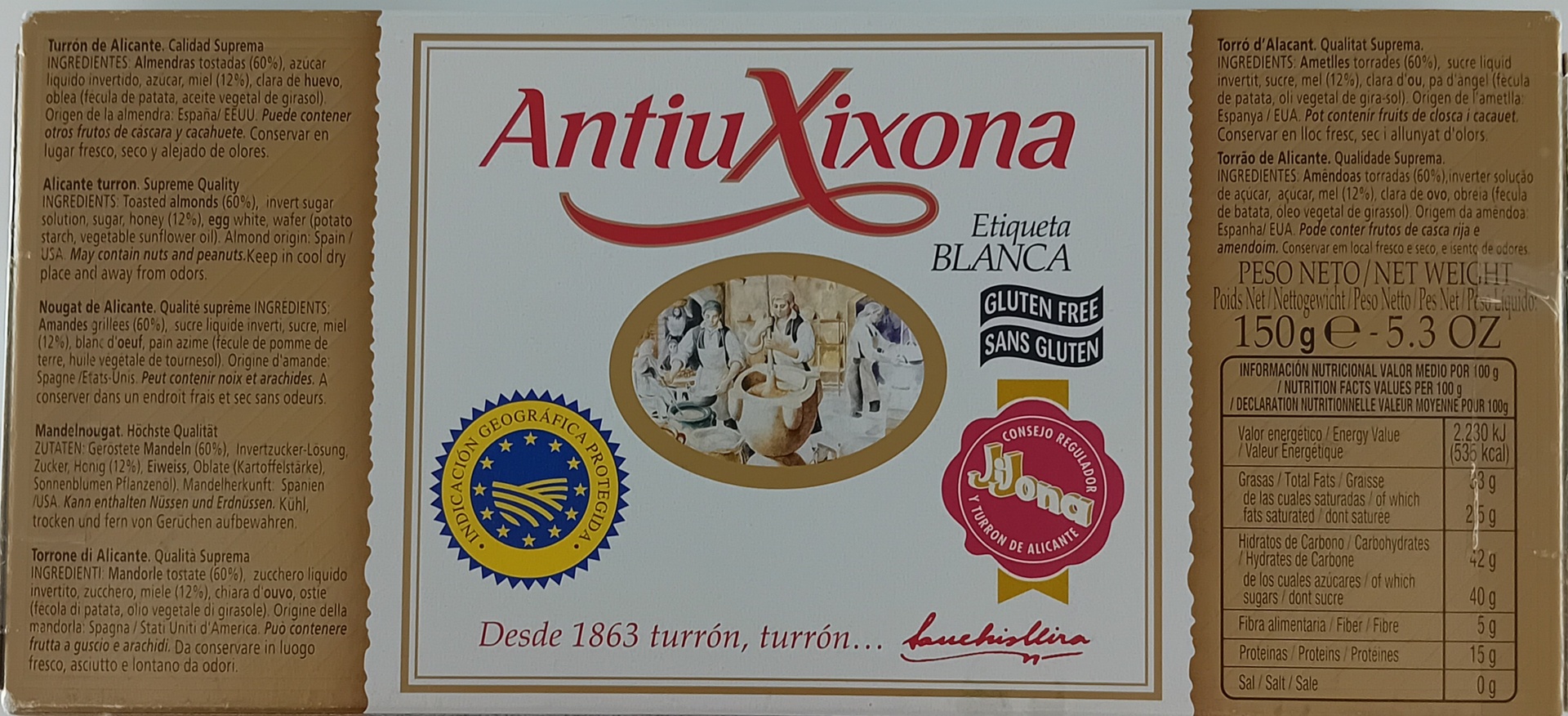 Turrón Alicante Etiqueta Blanca Calidad Suprema 150 g ANTIU XIXONA