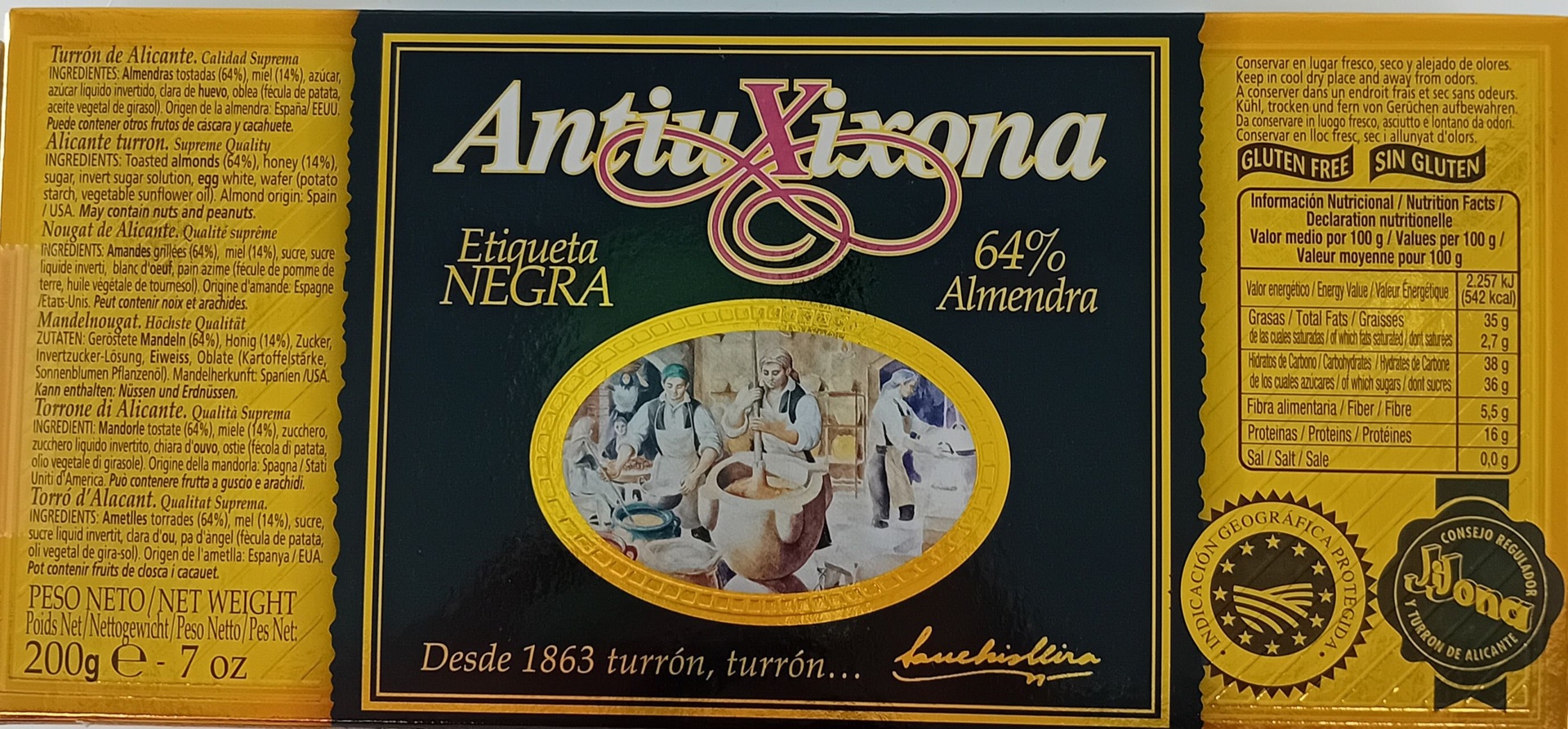 Turrón Alicante Etiqueta Negra (64% Almendra) 200 g ANTIU XIXONA