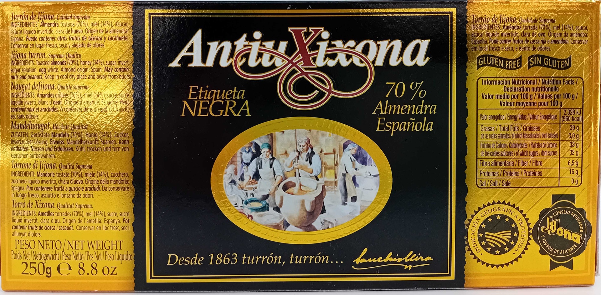 Turrón Alicante Etiqueta Negra (64% Almendra) 250 g ANTIU XIXONA