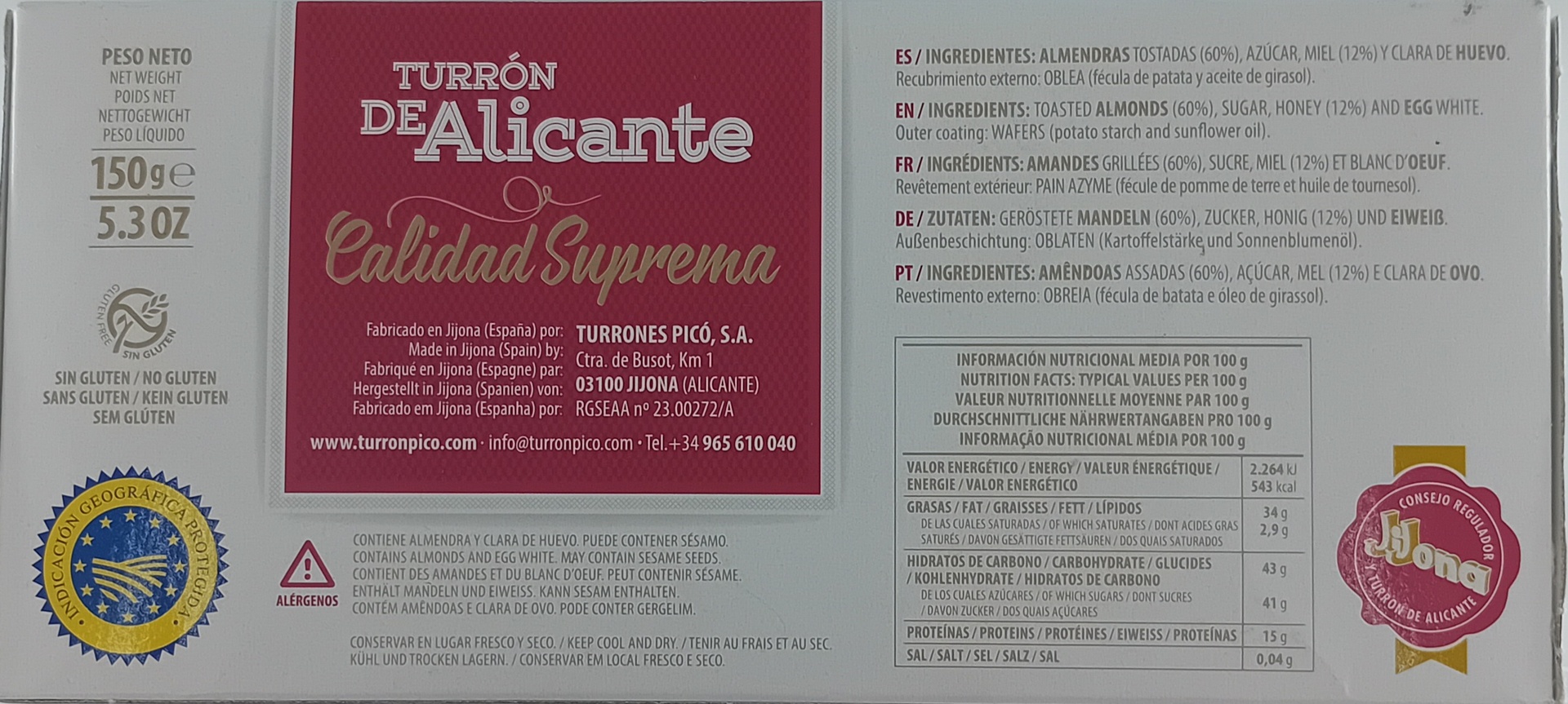 Turrón Alicante Calidad Suprema 150 g PICÓ
