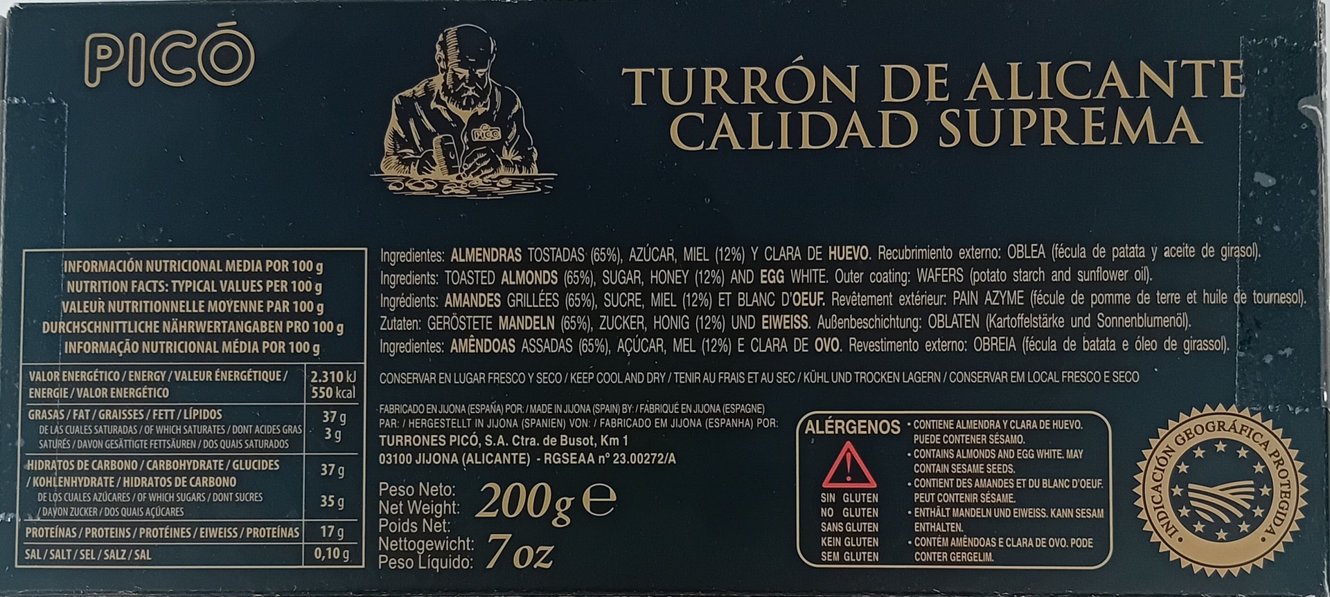 Turrón Alicante Alta Selección 65% Almendra 200 g PICÓ