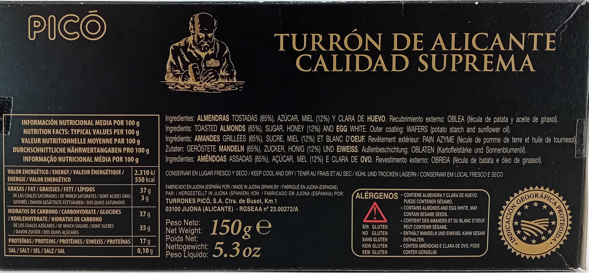Turrón Alicante Alta Selección 65% Almendra 150 g PICÓ D.O. Jijona