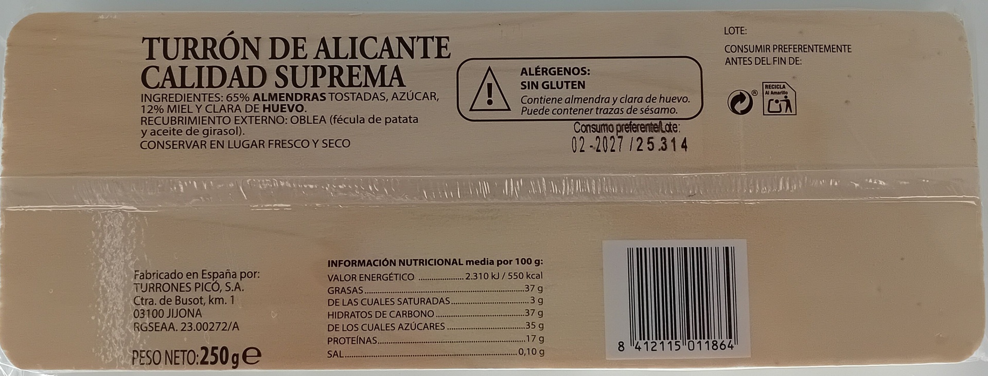Turrón Alicante Calidad Suprema 250 g PICÓ Hecho a mano