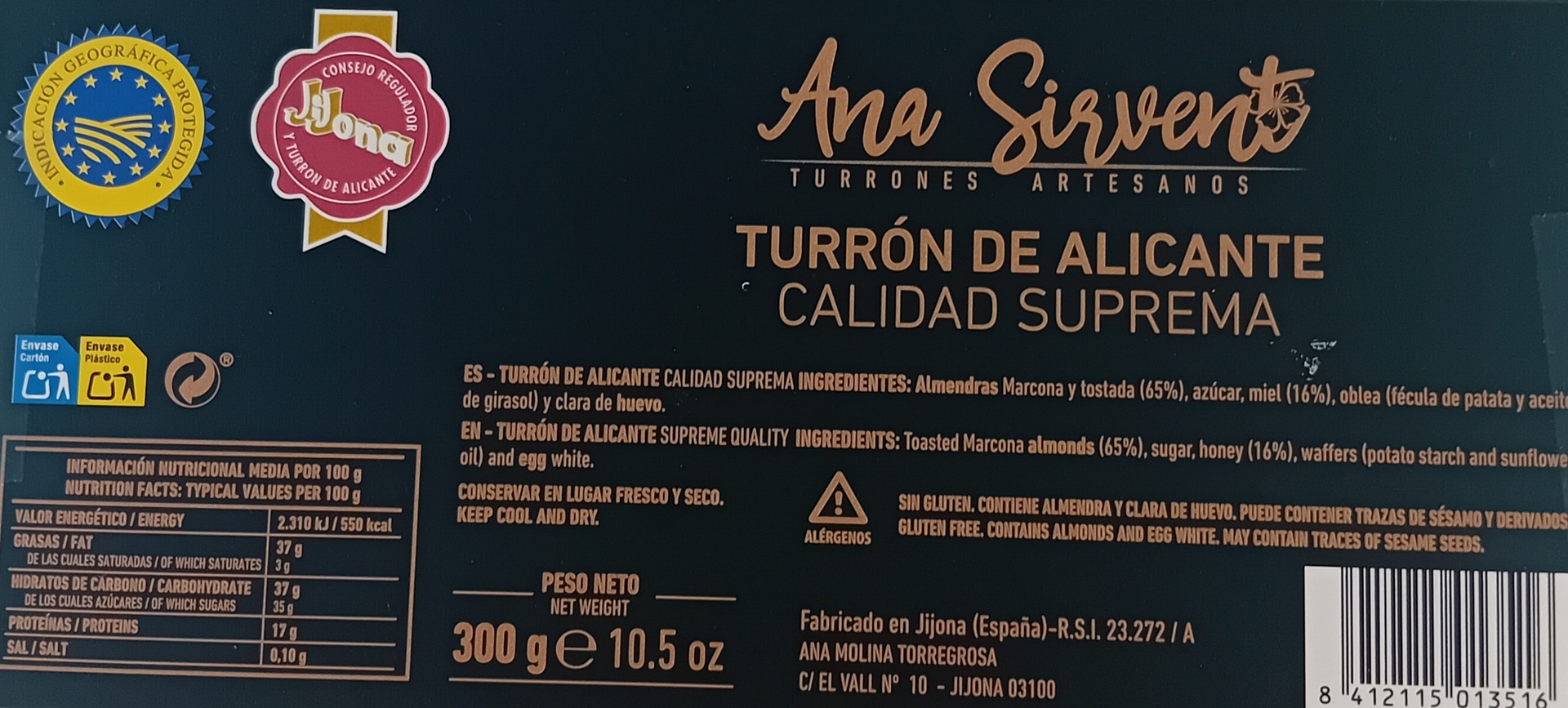 Turrón Alicante Calidad Suprema 300 g ANA SIRVENT