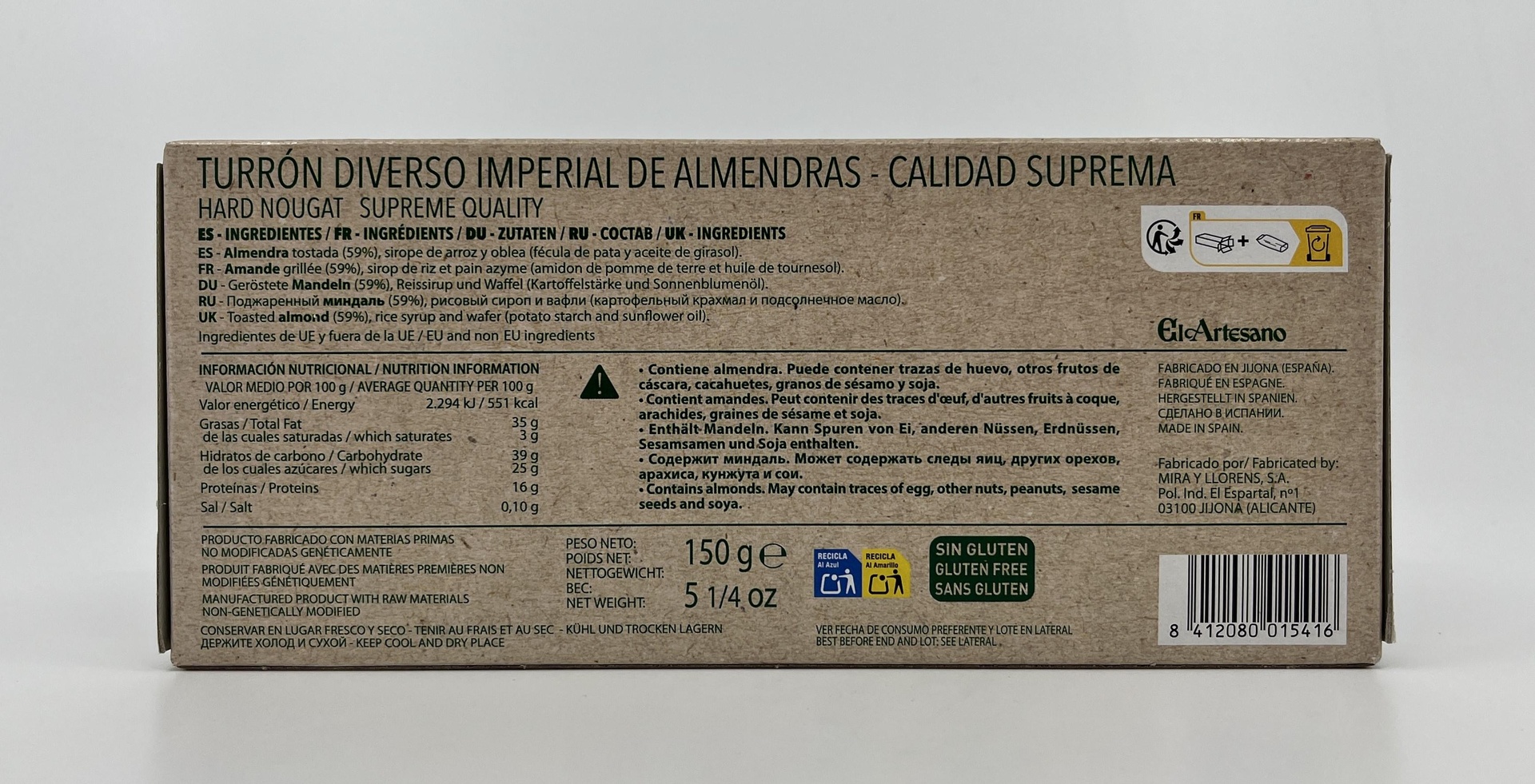 Turrón Vegano Imperial de Almendras Calidad Suprema 150 g EL ARTESANO