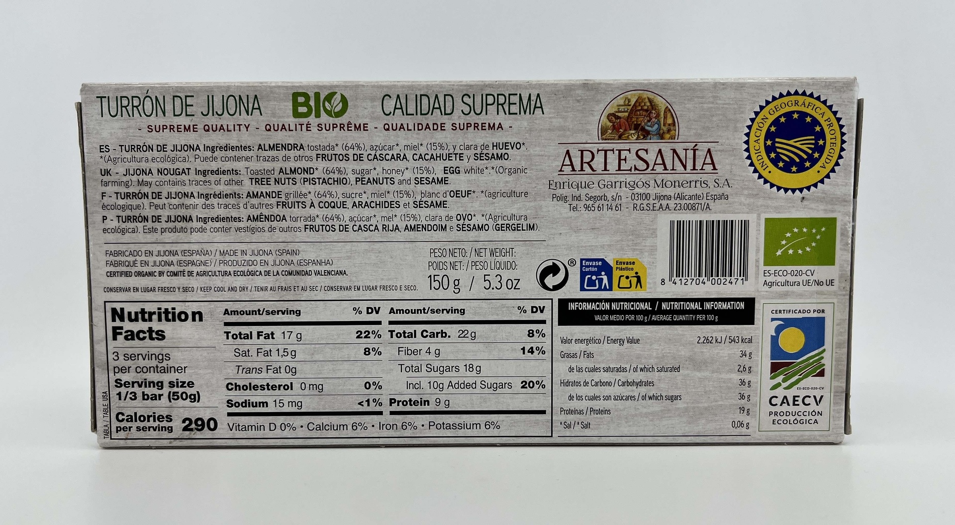 Turrón Jijona BIO Calidad Suprema 150 g ARTESANÍA de E. Garrigós