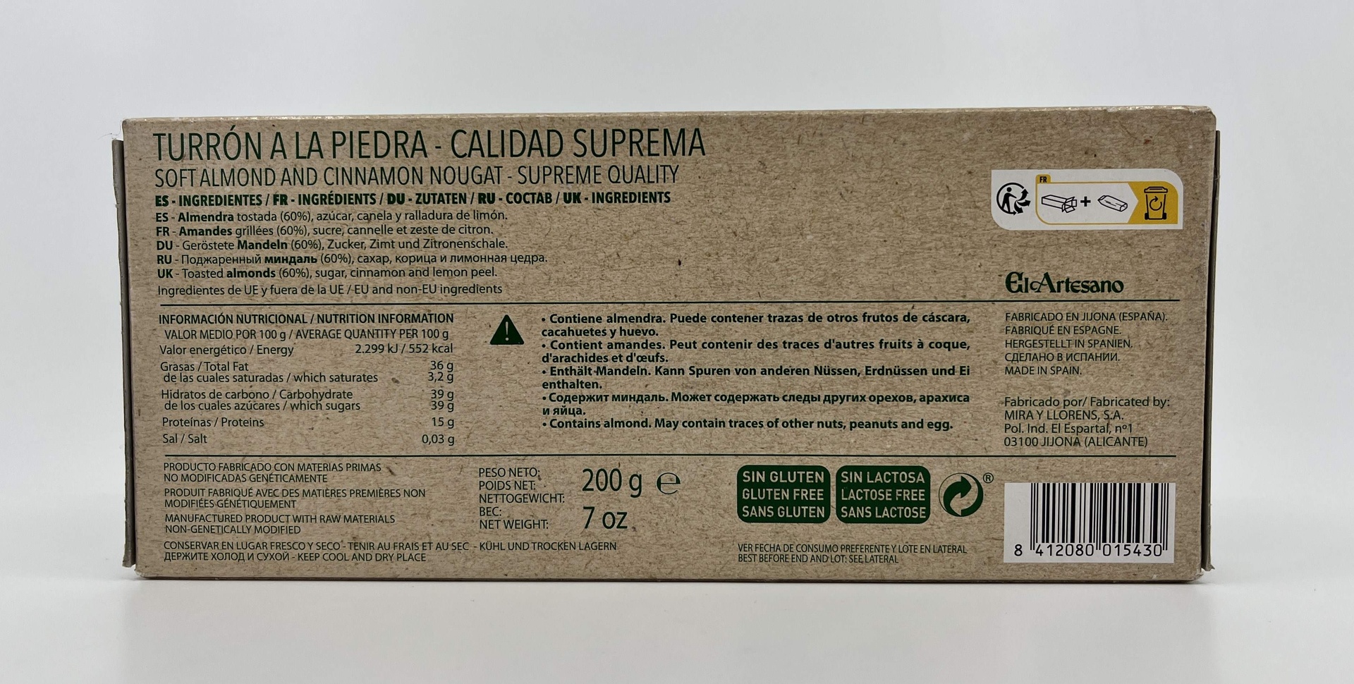 Turrón Vegano a la Piedra Calidad Suprema 200 g EL ARTESANO
