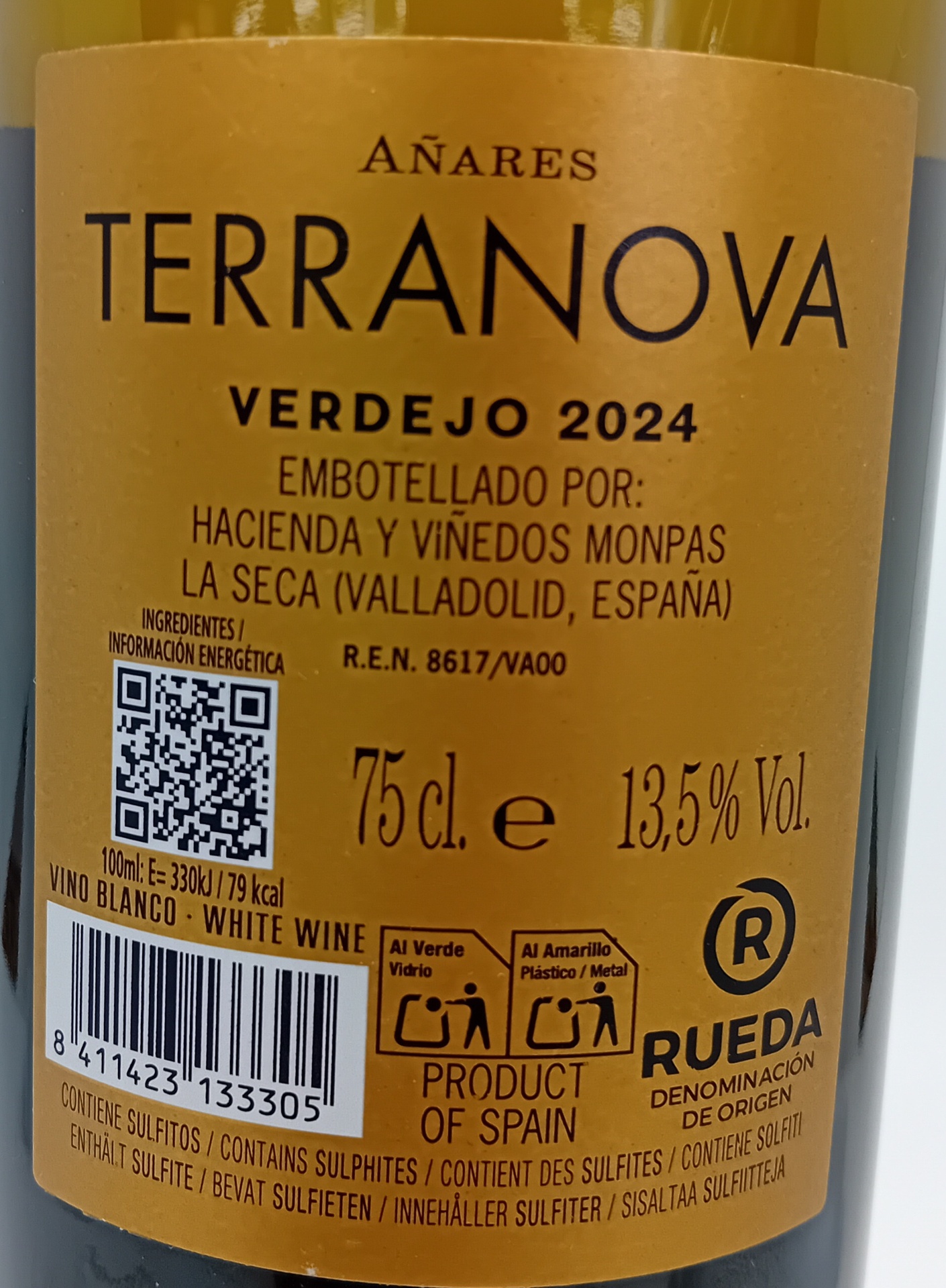 Vino Blanco D.O. Rueda 100 % Verdejo AÑARES TERRANOVA de Bodegas Olarra