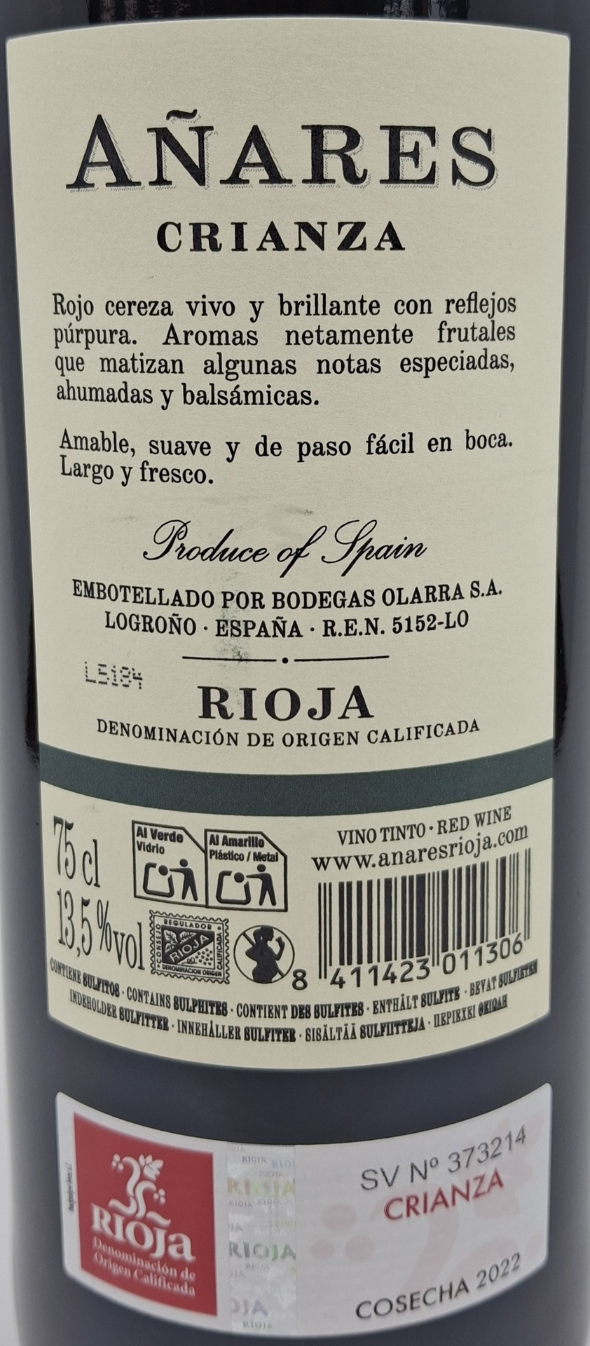 Vino Tinto D.O. Rioja AÑARES Crianza Bodegas Olarra