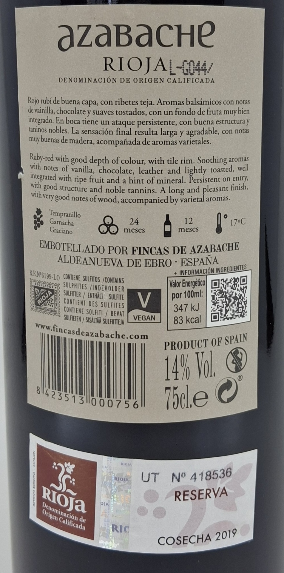 Vino Tinto D.O. Rioja AZABACHE Reserva