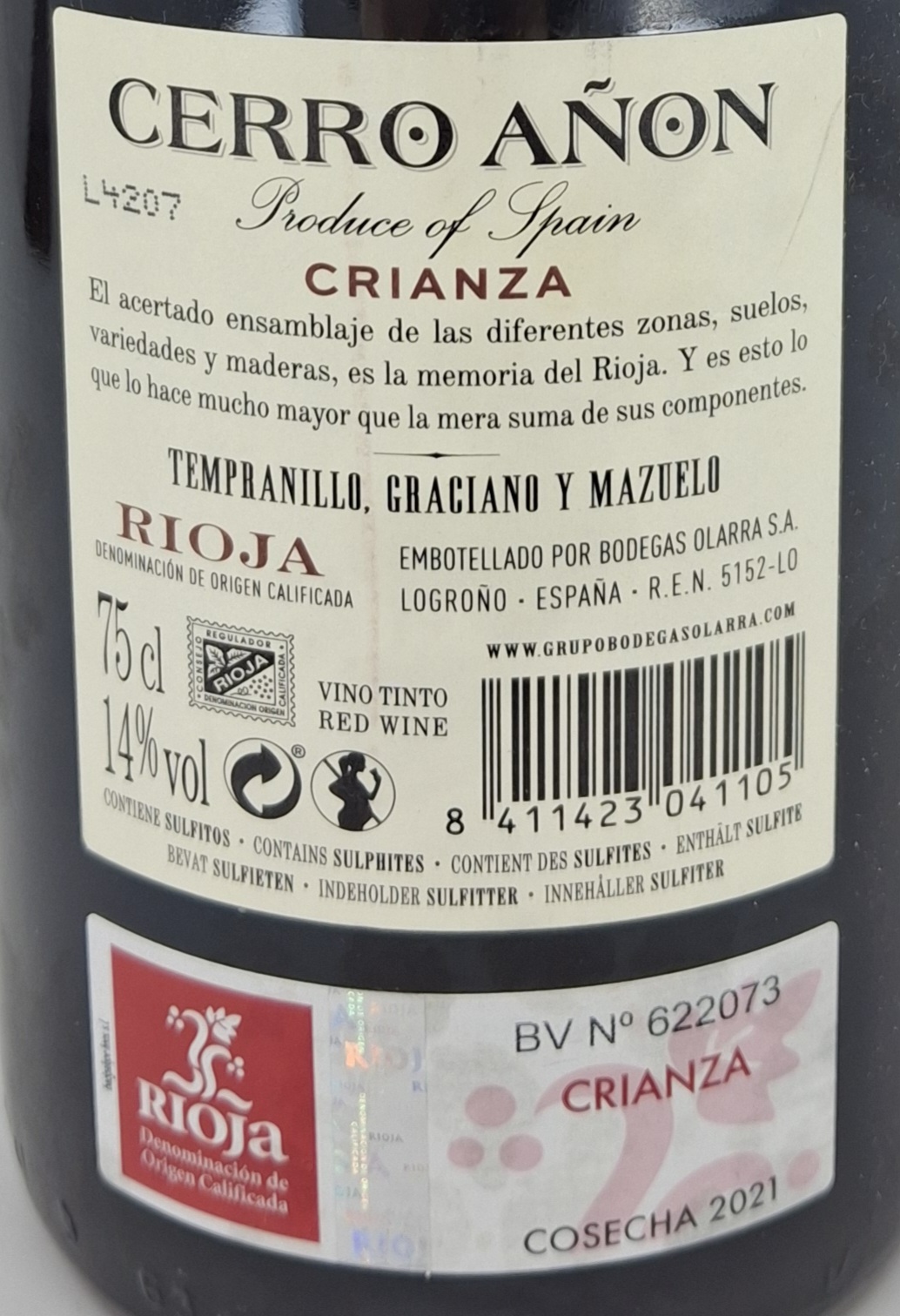 Vino Tinto de Autor D.O. Rioja CERRO AÑÓN Crianza
