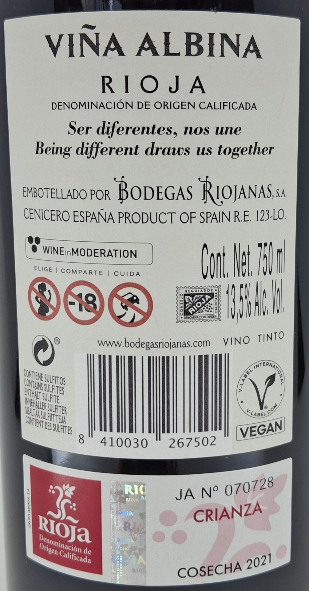 Vino Tinto D.O. Rioja VIÑA ALBINA Crianza Edición Especial
