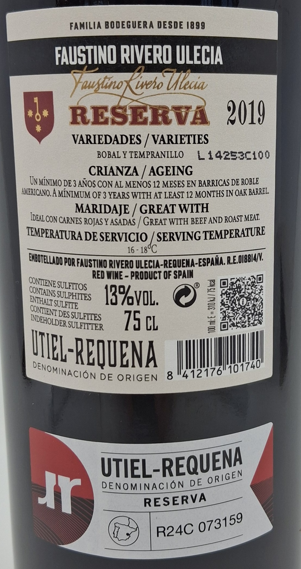 Vino Tinto D.O. Utiel Requena FAUSTINO RIVERO Reserva