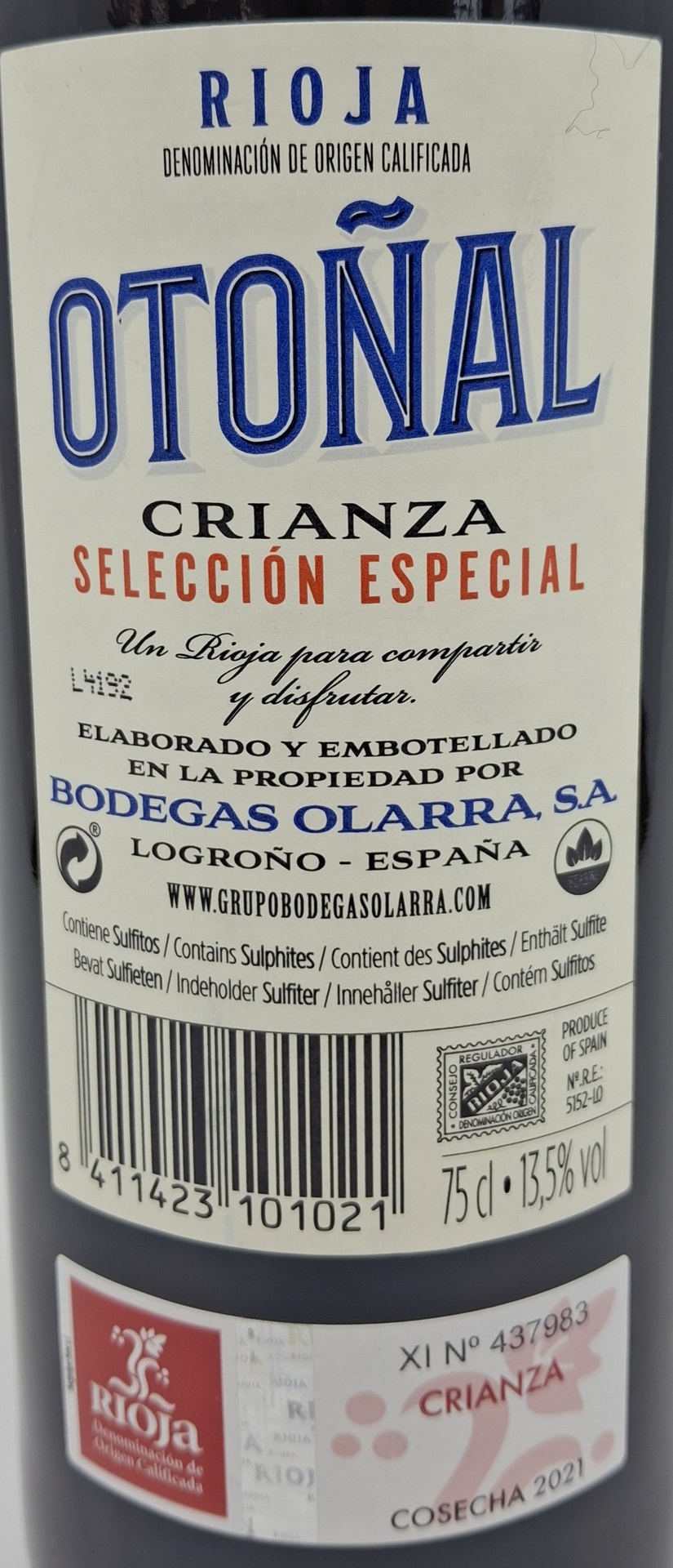 Vino Tinto D.O. Rioja OTOÑAL Crianza Bodegas Olarra