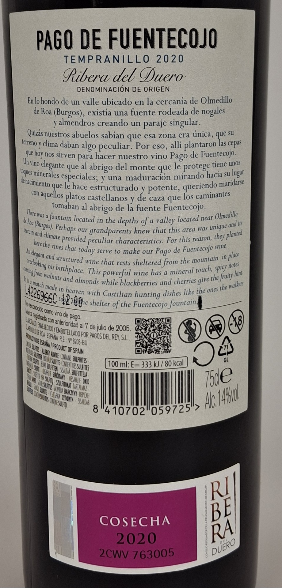 Vino Tinto de Autor D.O. Ribera del Duero PAGO DE FUENTECOJO Tempranillo