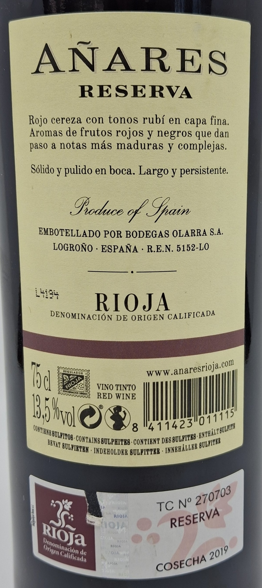 Vino Tinto D.O. Rioja AÑARES Reserva Bodegas Olarra