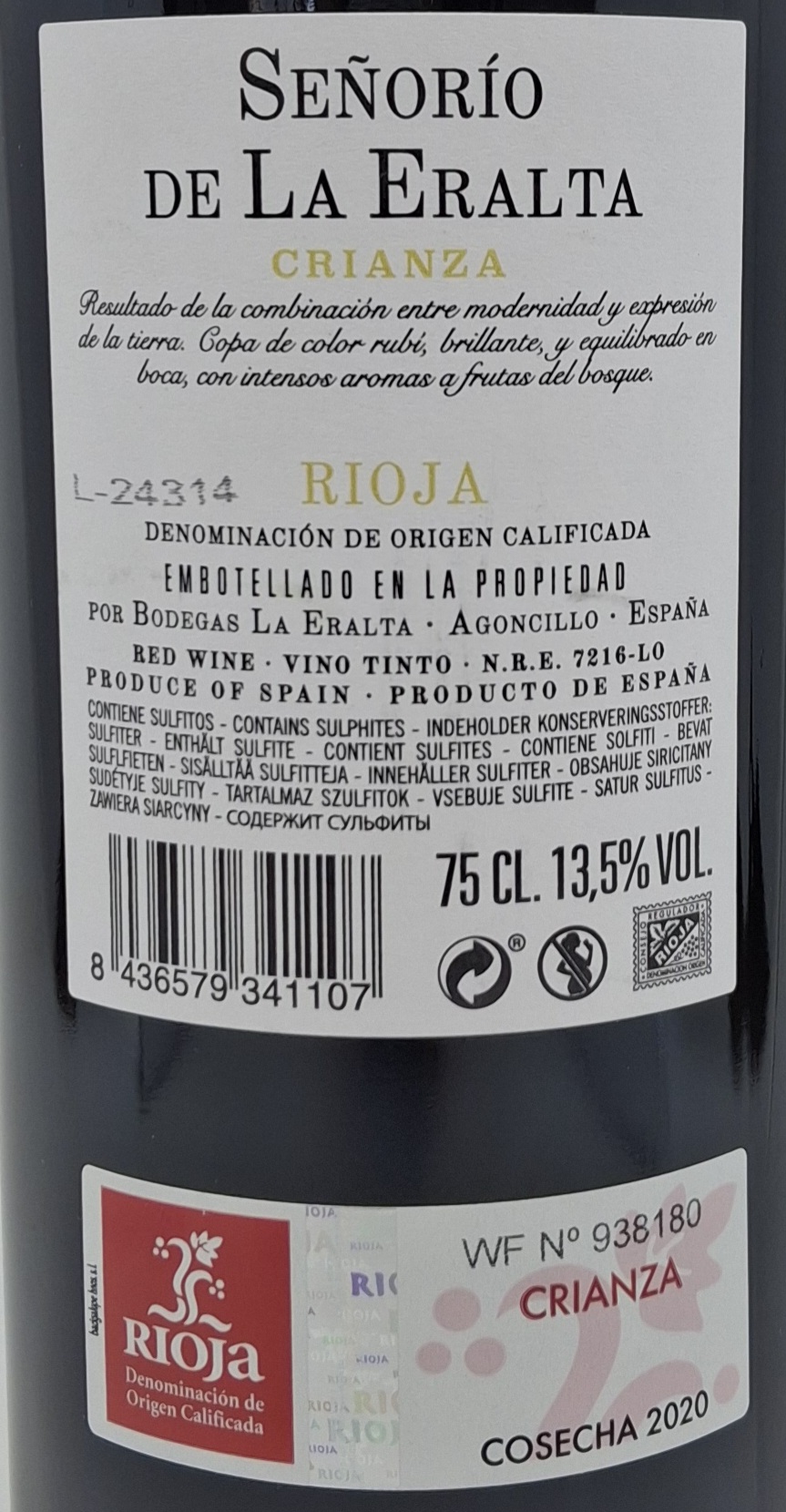 Vino Tinto D.O. Rioja SEÑORÍO DE LA ERALTA Crianza