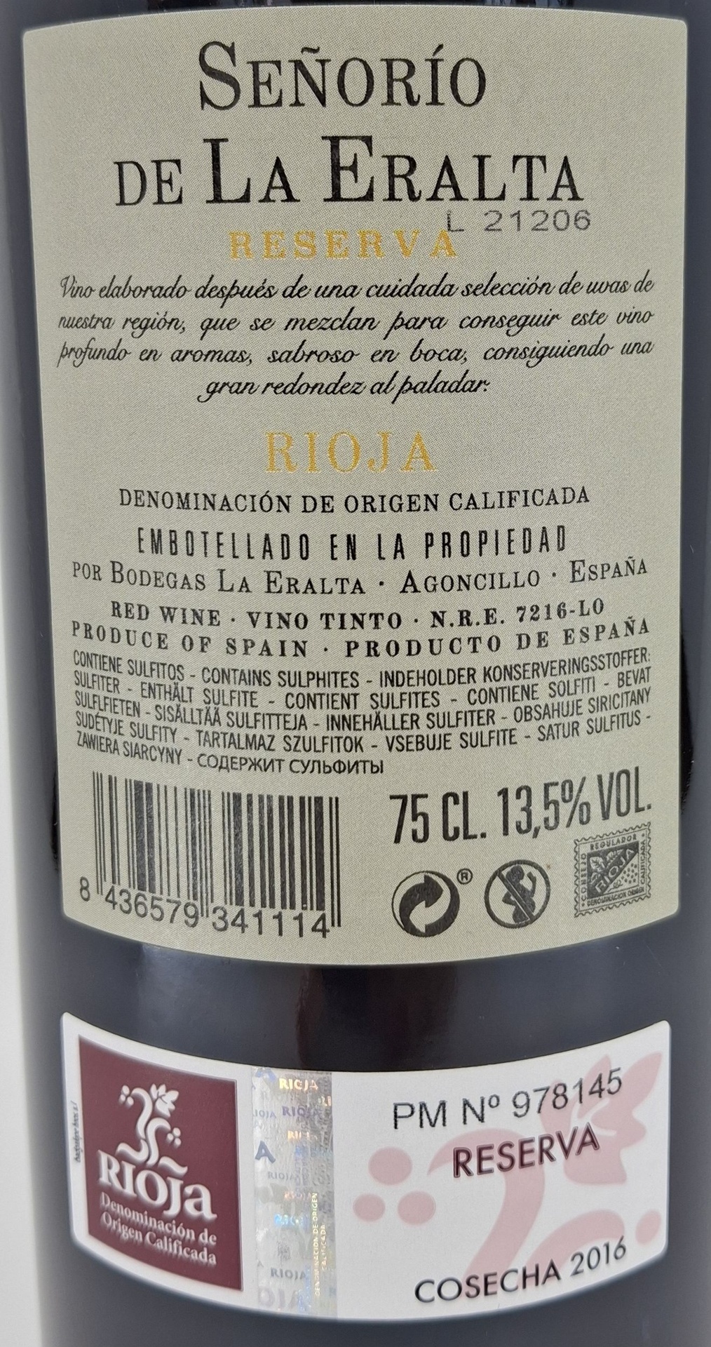 Vino Tinto D.O. Rioja SEÑORÍO DE LA ERALTA Reserva