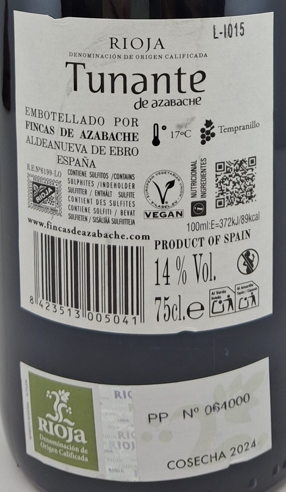 Vino Tinto D.O. Rioja TUNANTE de Azabache Tempranillo